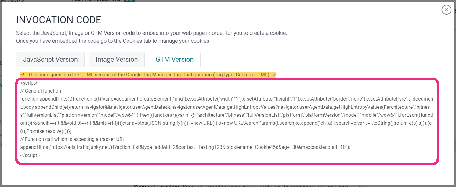 Copy the GTM version of the retargeting invocation code 
