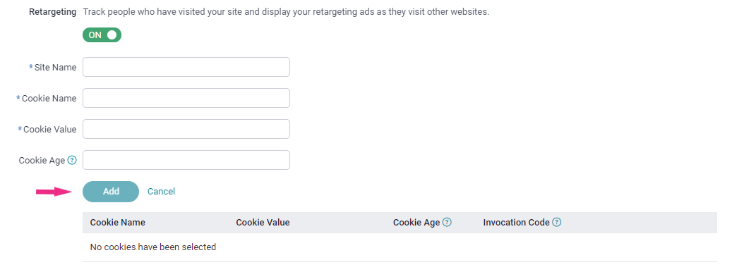 Fill out the required fields for your retargeting cookie.