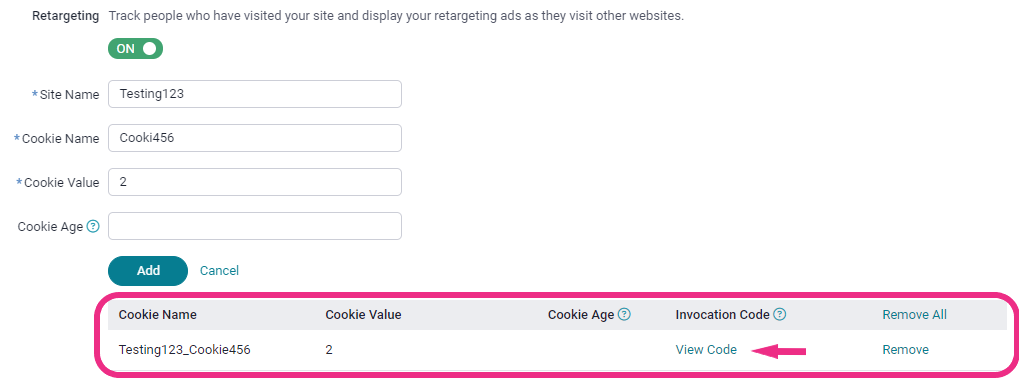 View your retargeting invocation code